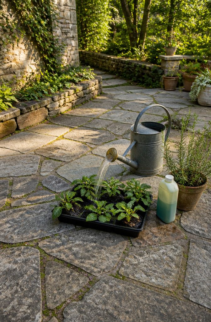 Pinching Annuals: How, When and Which Plants to Pinch 5 A gardener watering plants after pinching their growth.