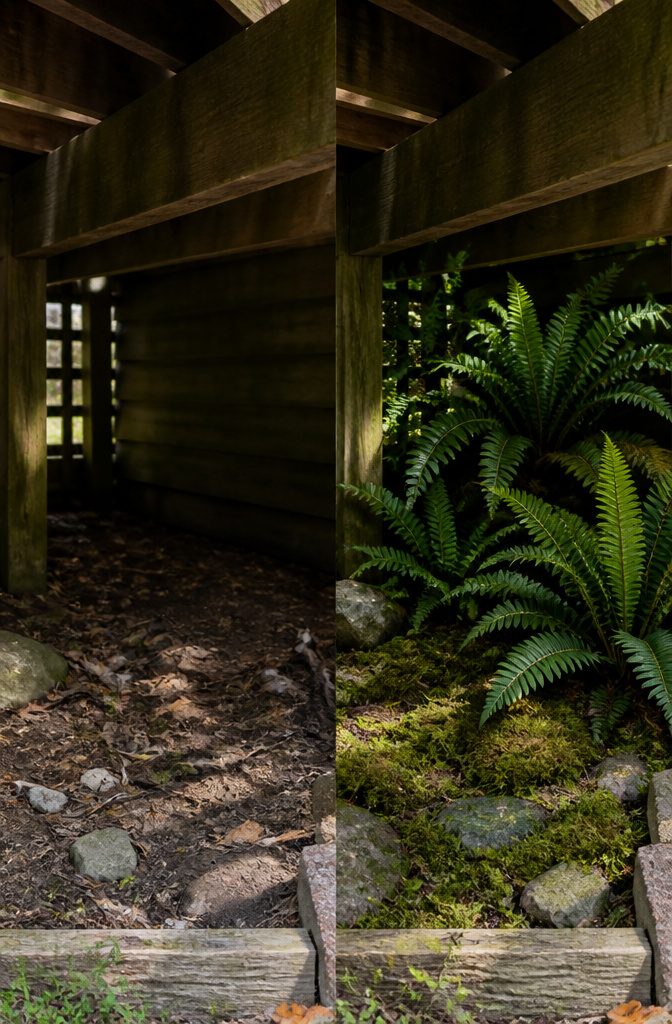 Artificial plants positioned under a covered porch in a garden.