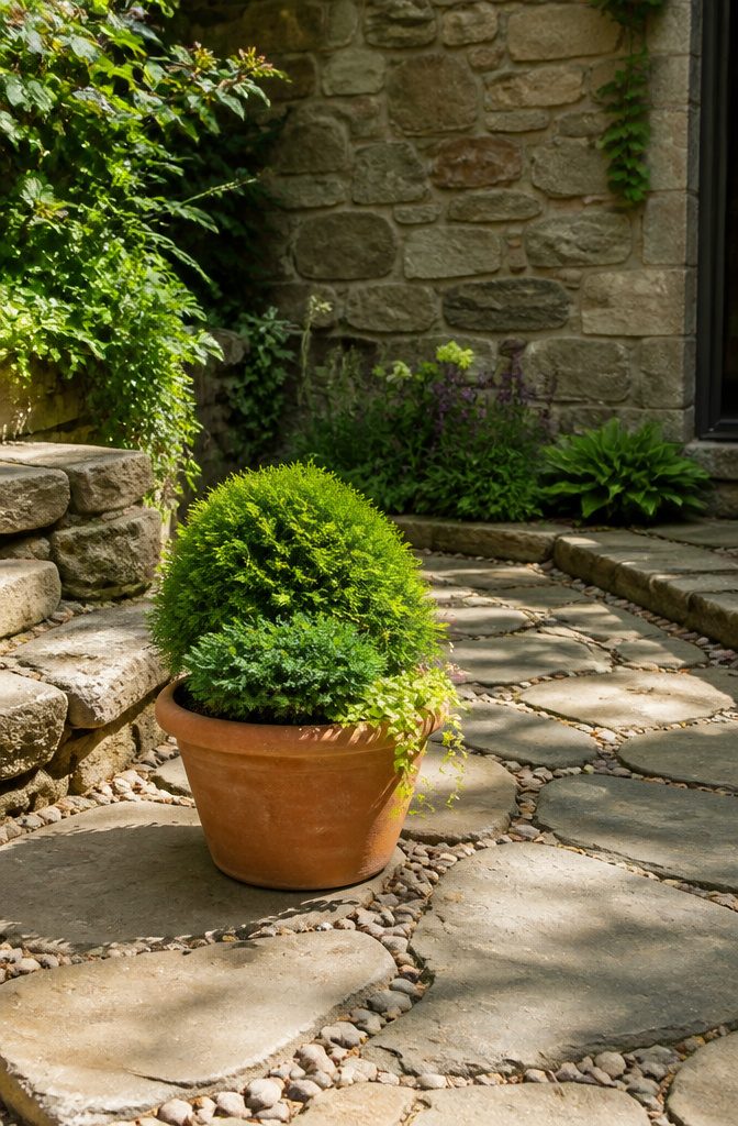 Dwarf conifers, including Hinoki Cypress and Juniper, in a garden setting.