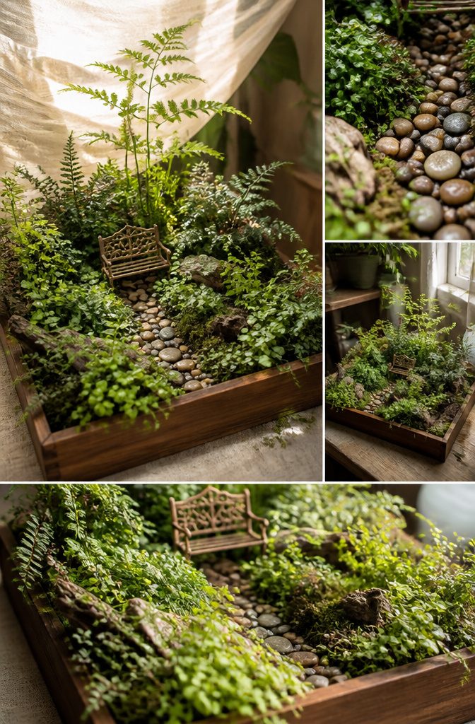 Miniature plants including baby tears and a small fern in a fairy garden.