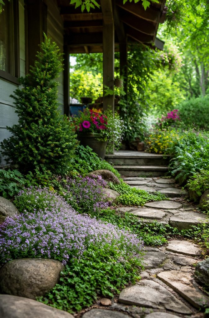 Thyme plants covering a rustic stone path in a miniature garden.
