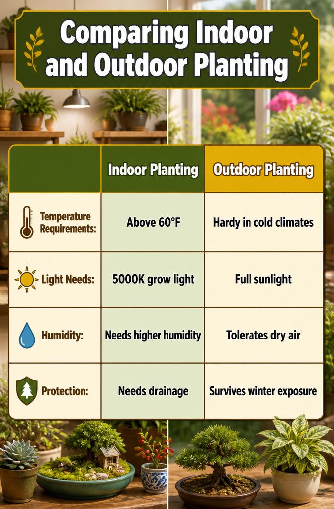 Comparison of indoor and outdoor planting options for miniature gardens.