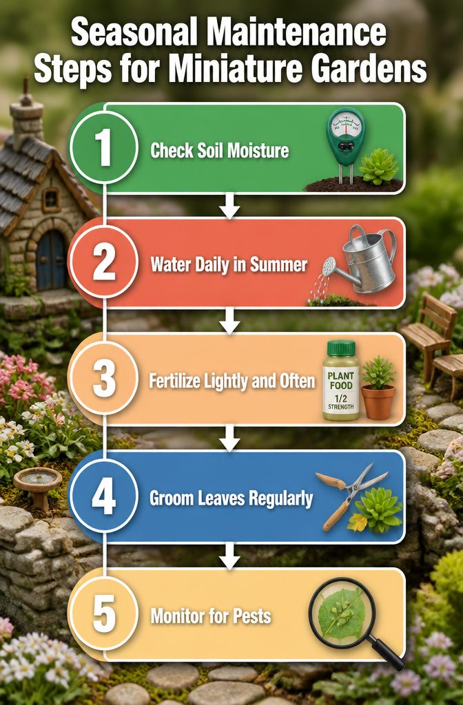 Seasonal maintenance steps illustrated for miniature gardens.