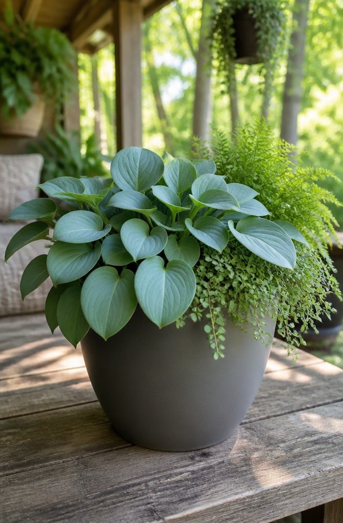 Small hostas with rounded leaves in a miniature garden.