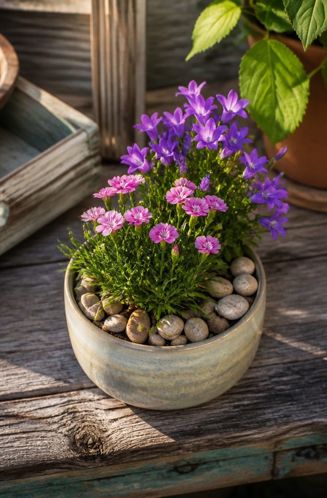Small clumping perennials in a ceramic pot with river stones.
