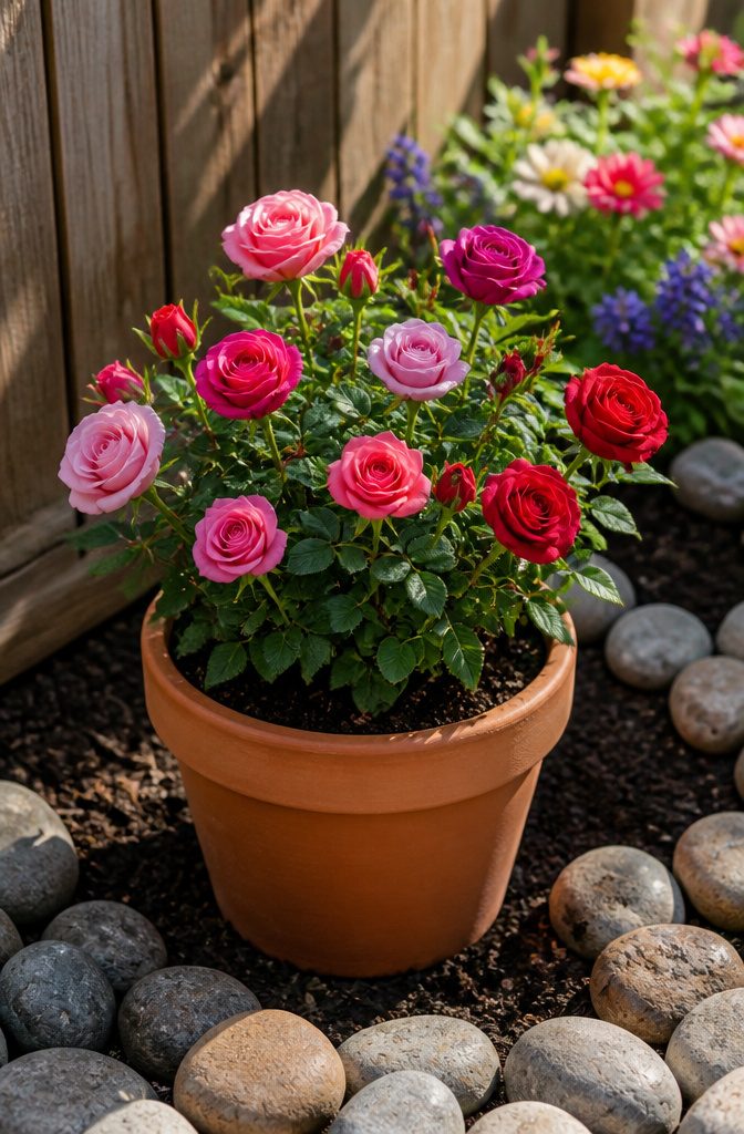 Small roses in a compact arrangement within a miniature garden.