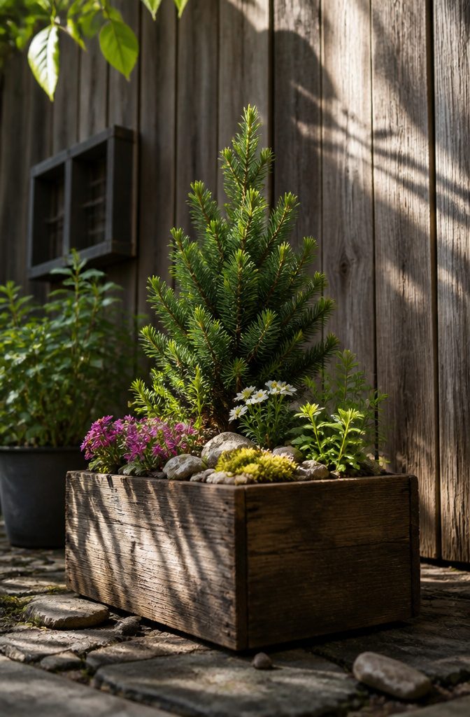 Miniature trees like 'Jean's Dilly' spruce in a garden setting.