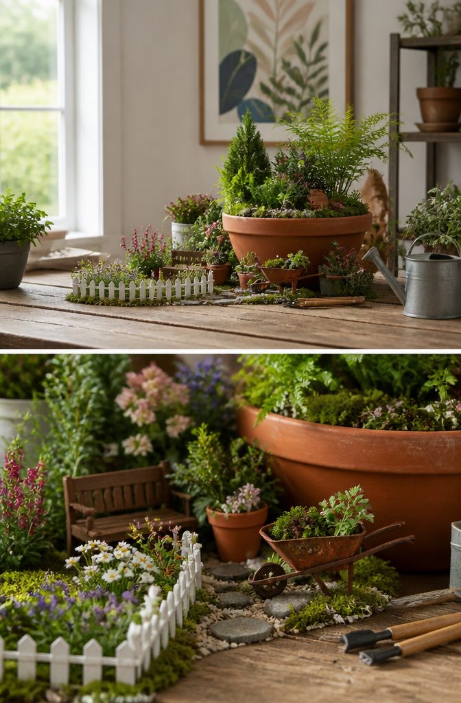 Miniature accessories in a garden adhering to the 1:12 scale rule.
