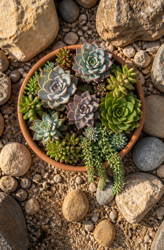 Three-inch tall succulents arranged in a miniature garden.