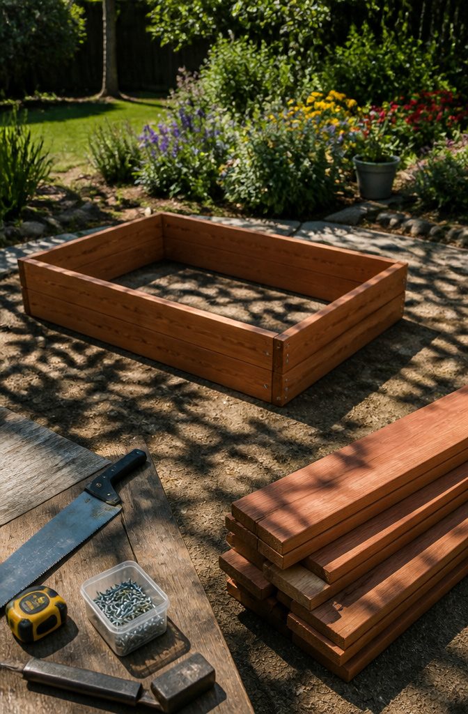 A wooden garden bed framed with redwood boards.
