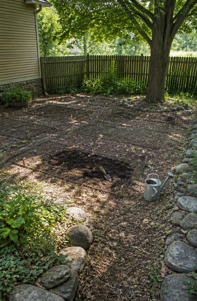 A garden bed location with sunlight and surrounding trees.