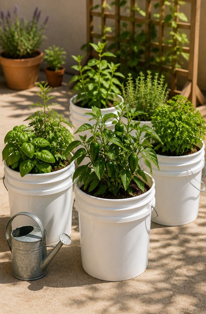Five-gallon buckets used for growing jalapeño plants.