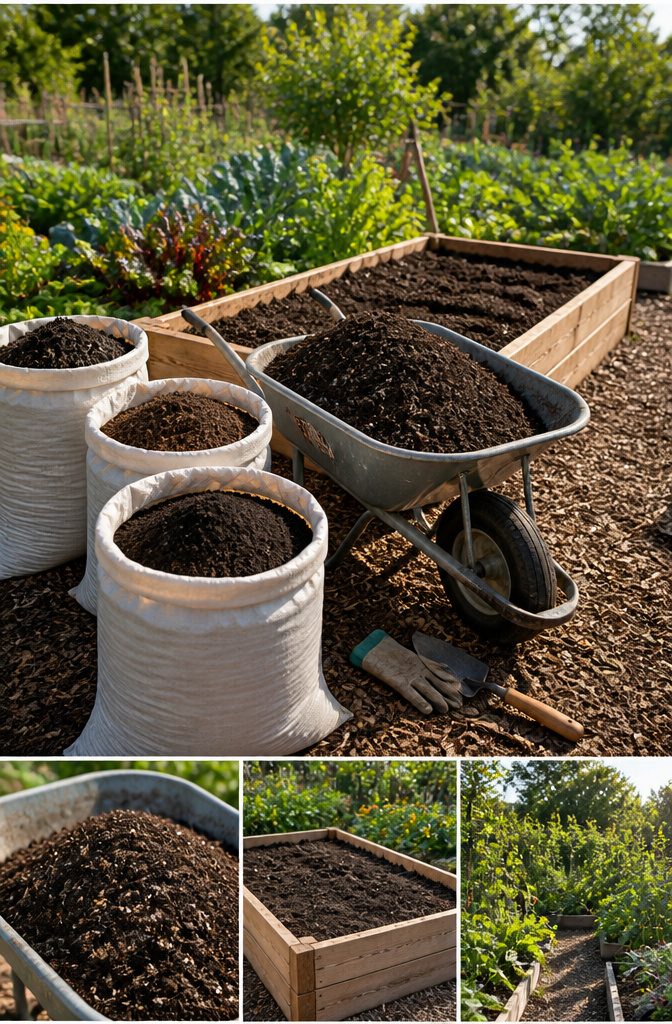 A garden bed filled with a soil mixture of topsoil and compost.