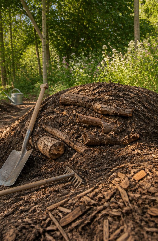 A trench filled with decomposing wood for hügelkultur gardening.
