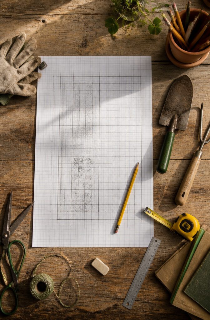 Graph paper with a 4x8 foot garden bed design.