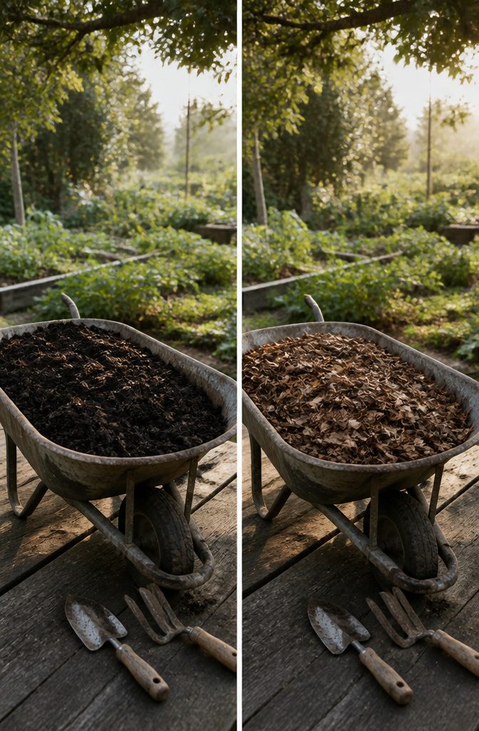 A garden bed with compost being applied to the soil.