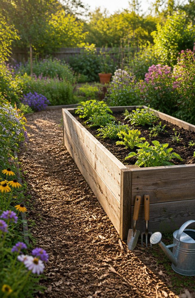 A raised garden bed framed with weathered cedar wood.