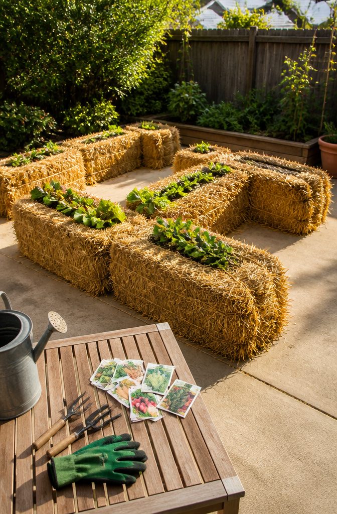Conditioned straw bales arranged for vegetable planting.
