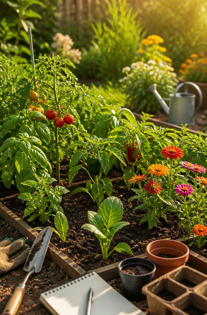 Various seed packets for tomatoes, peppers, and zinnias.