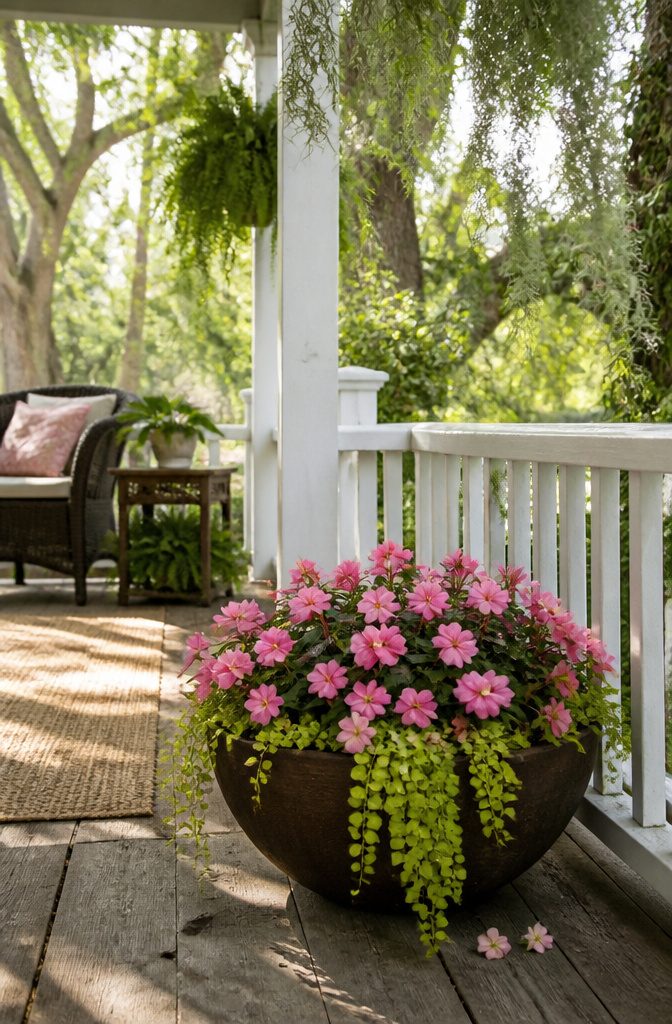 7 Planter Ideas for Sun, Shade and Container Gardening 4 A planter filled with pink impatiens and bright green creeping Jenny.