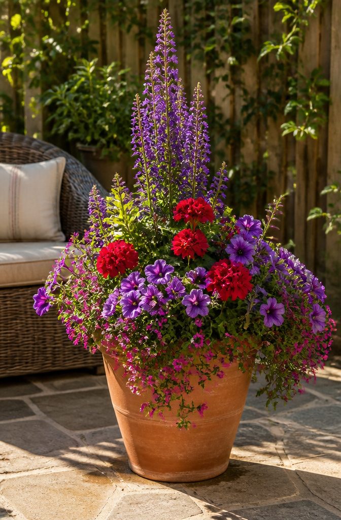 7 Planter Ideas for Sun, Shade and Container Gardening 2 A planter featuring spike, purple petunias, geraniums, and mini calibrachoa.