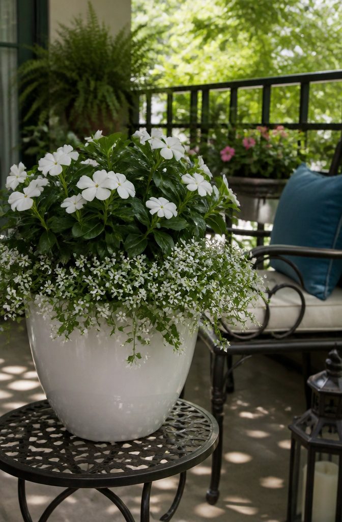 7 Planter Ideas for Sun, Shade and Container Gardening 3 A planter with vinca vine and diamond frost in a shaded setting.