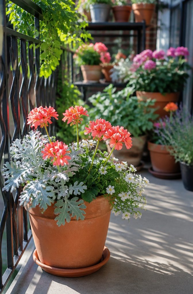 7 Planter Ideas for Sun, Shade and Container Gardening 11 A terracotta pot filled with coral geraniums, dusty miller, and white bacopa.