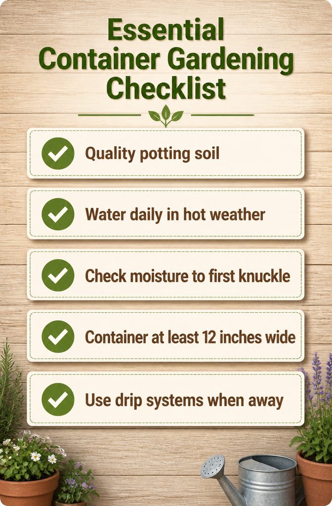 7 Planter Ideas for Sun, Shade and Container Gardening 6 An information image titled 'Essential Container Gardening Checklist'.
