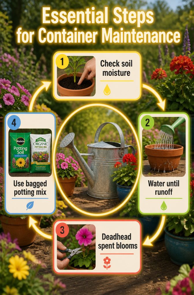 7 Planter Ideas for Sun, Shade and Container Gardening 10 An information image titled 'Essential Steps for Container Maintenance'.