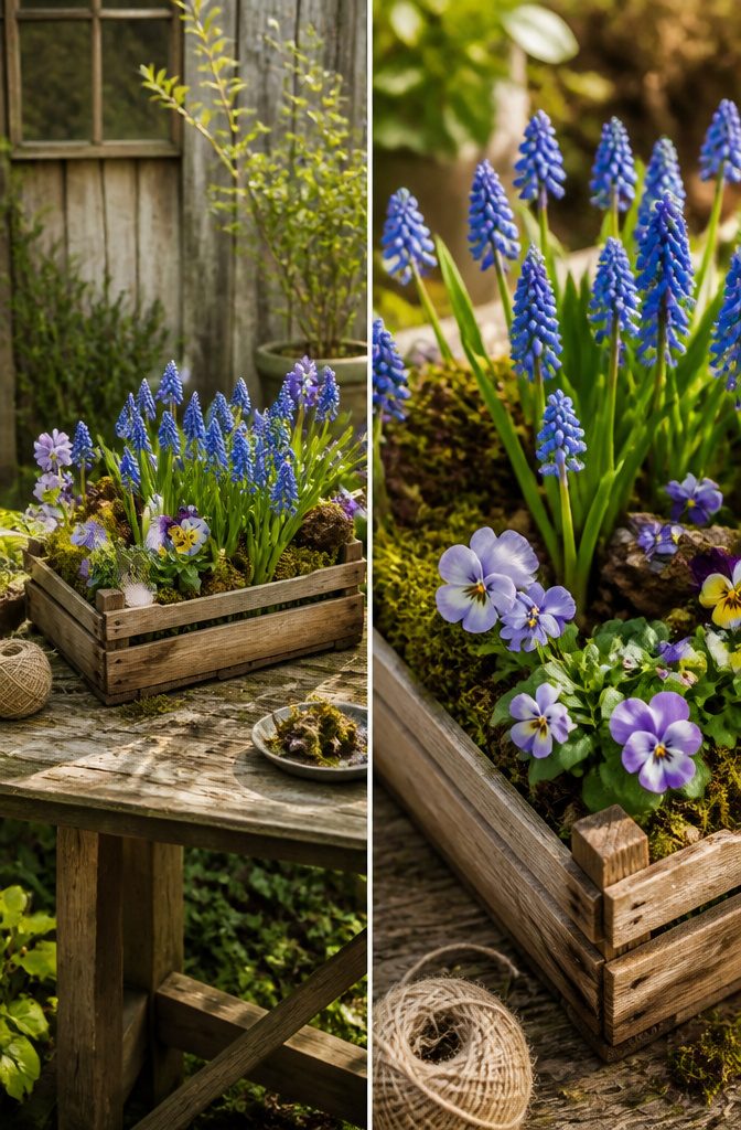 7 Planter Ideas for Sun, Shade and Container Gardening 7 A crate with grape hyacinths and violas for spring planting.