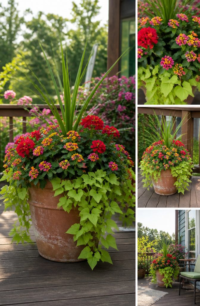 7 Planter Ideas for Sun, Shade and Container Gardening 1 A planter showcasing tall, medium, and trailing plants in a harmonious design.