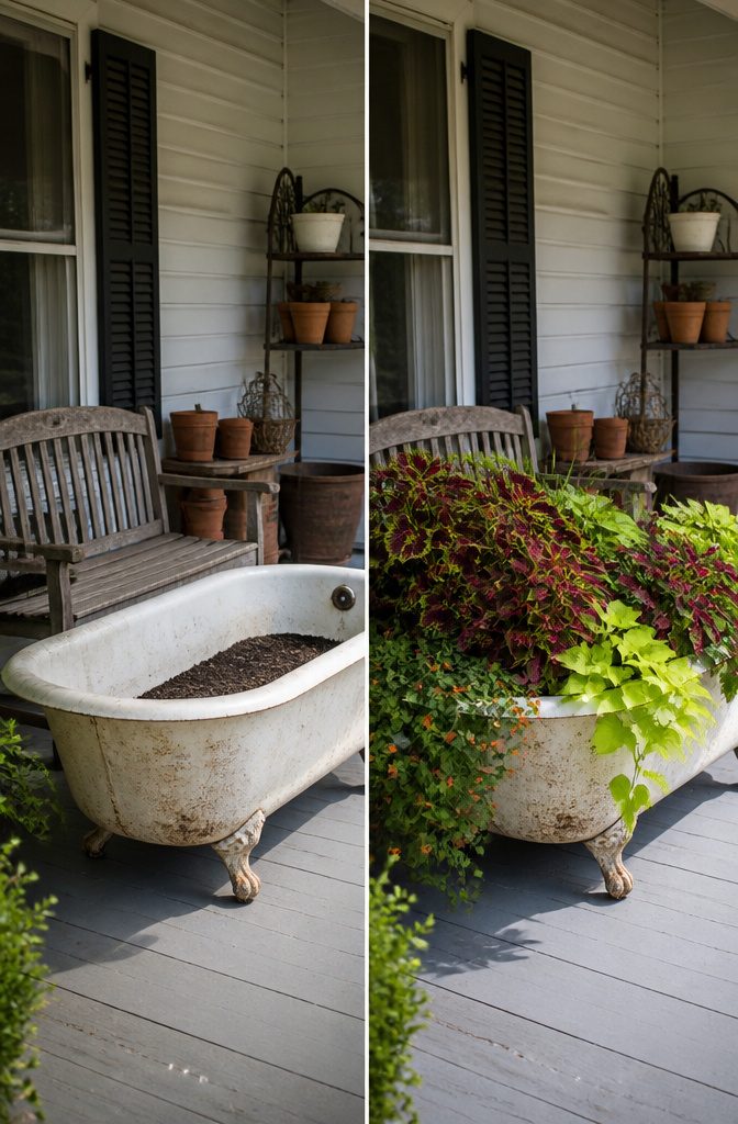 7 Planter Ideas for Sun, Shade and Container Gardening 5 An old clawfoot tub filled with coleus and sweet potato vine.
