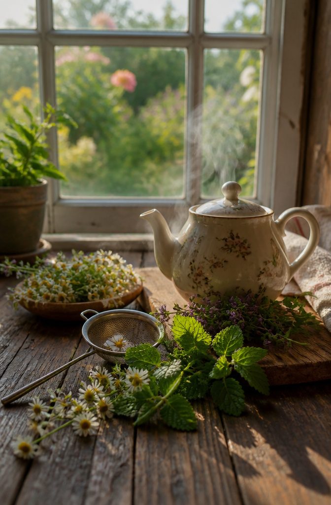 Planting a Spring Herb Garden for Herbal Teas: 7 Steps 7 A teapot with herbs like chamomile and lemon balm ready for tea.