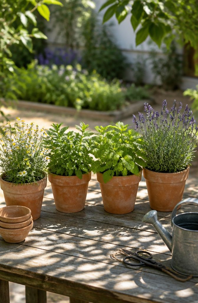 Planting a Spring Herb Garden for Herbal Teas: 7 Steps 2 A table with various potted herbs like chamomile and lavender.