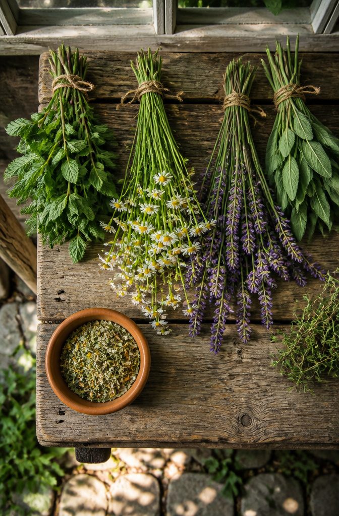 Planting a Spring Herb Garden for Herbal Teas: 7 Steps 6 Bundles of mint hanging to dry in a shaded area.