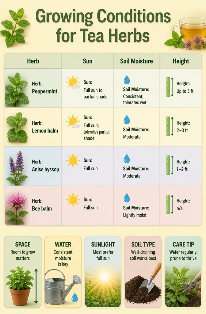 Planting a Spring Herb Garden for Herbal Teas: 7 Steps 9 A chart showing growing conditions for different tea herbs.