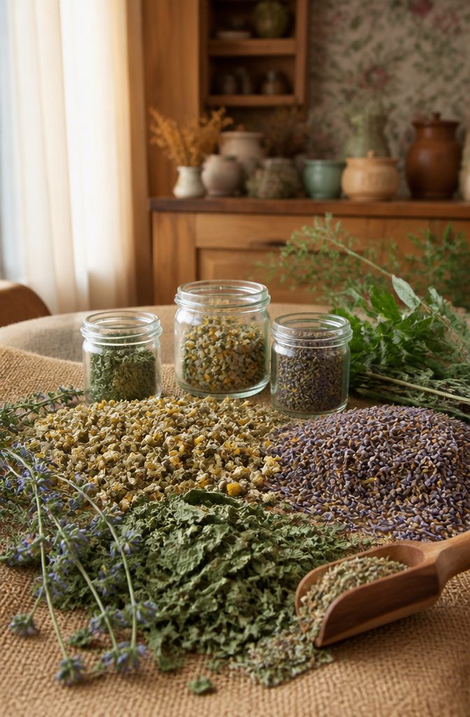 Planting a Spring Herb Garden for Herbal Teas: 7 Steps 11 An arrangement of dried herbs for making tea blends.