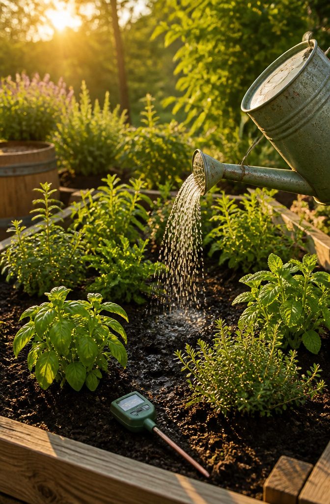 Planting a Spring Herb Garden for Herbal Teas: 7 Steps 4 A watering can pouring water over newly planted herbs.