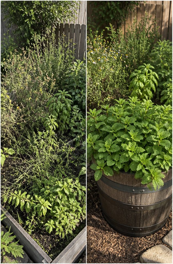 Planting a Spring Herb Garden for Herbal Teas: 7 Steps 10 A garden bed showing aggressive growth of mint plants.