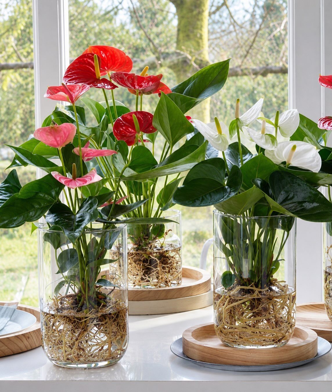 Plants That Grow in Water: 13 Ideas for Your Home 9 Anthurium plants with colorful flowers growing in water inside clear glass vases.