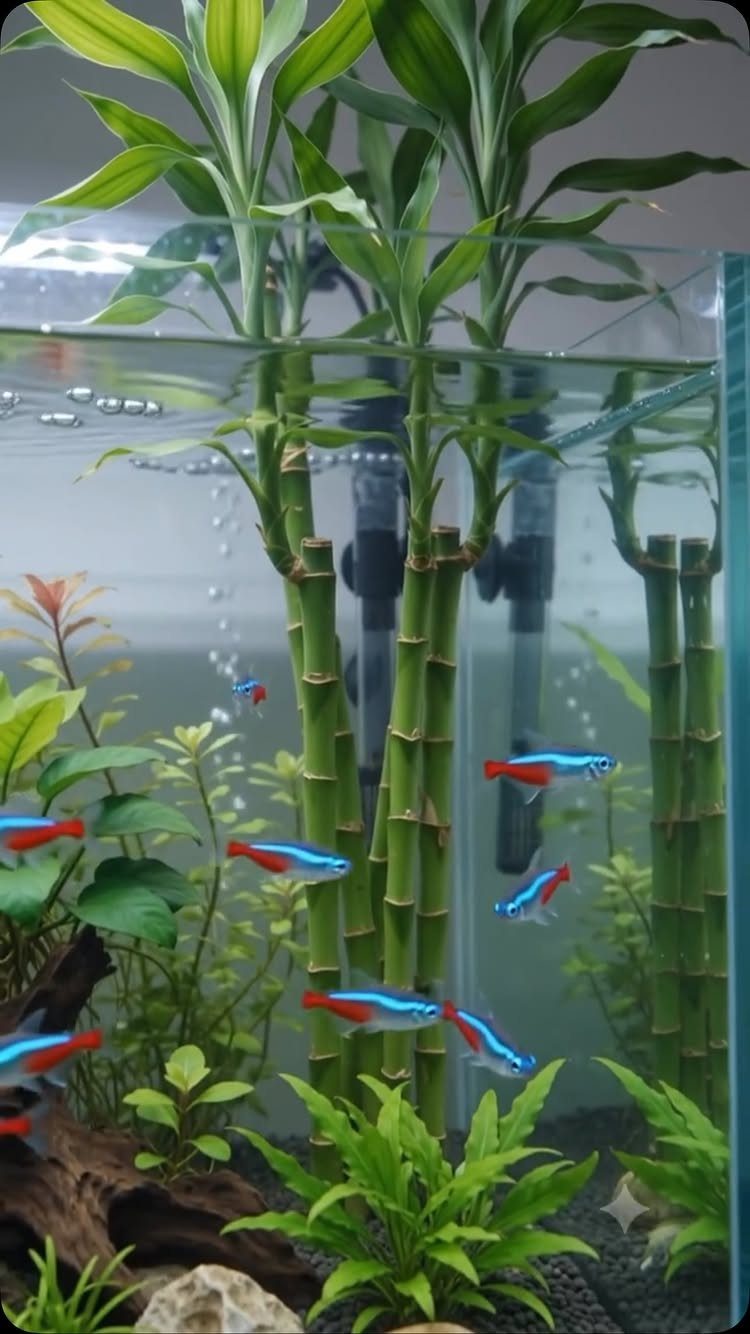 Plants That Grow in Water: 13 Ideas for Your Home 2 Lucky bamboo stalks in a glass aquarium with neon tetra fish and aquatic plants