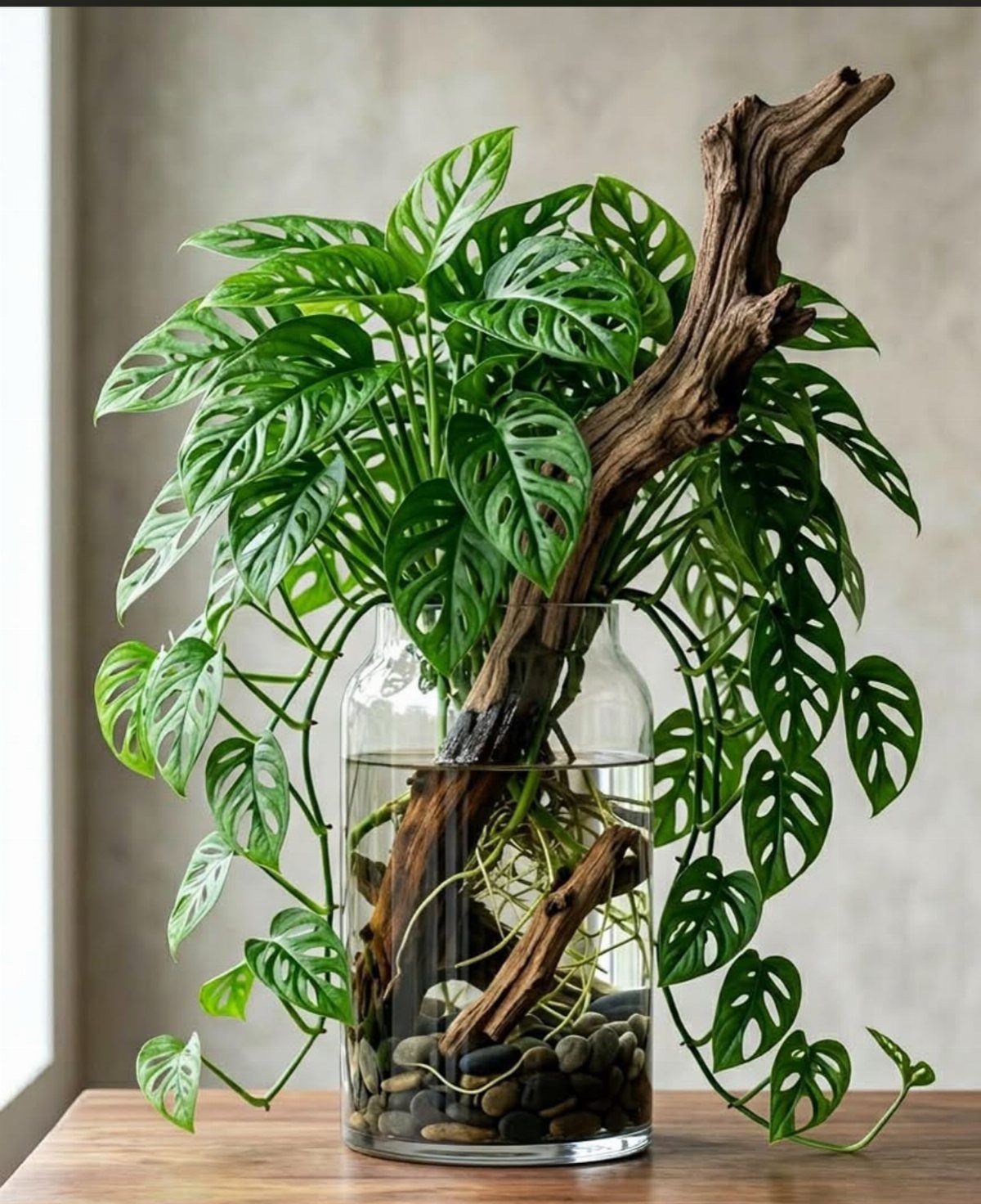 Plants That Grow in Water: 13 Ideas for Your Home 12 Monstera adansonii plant with holes in leaves growing in water and driftwood.