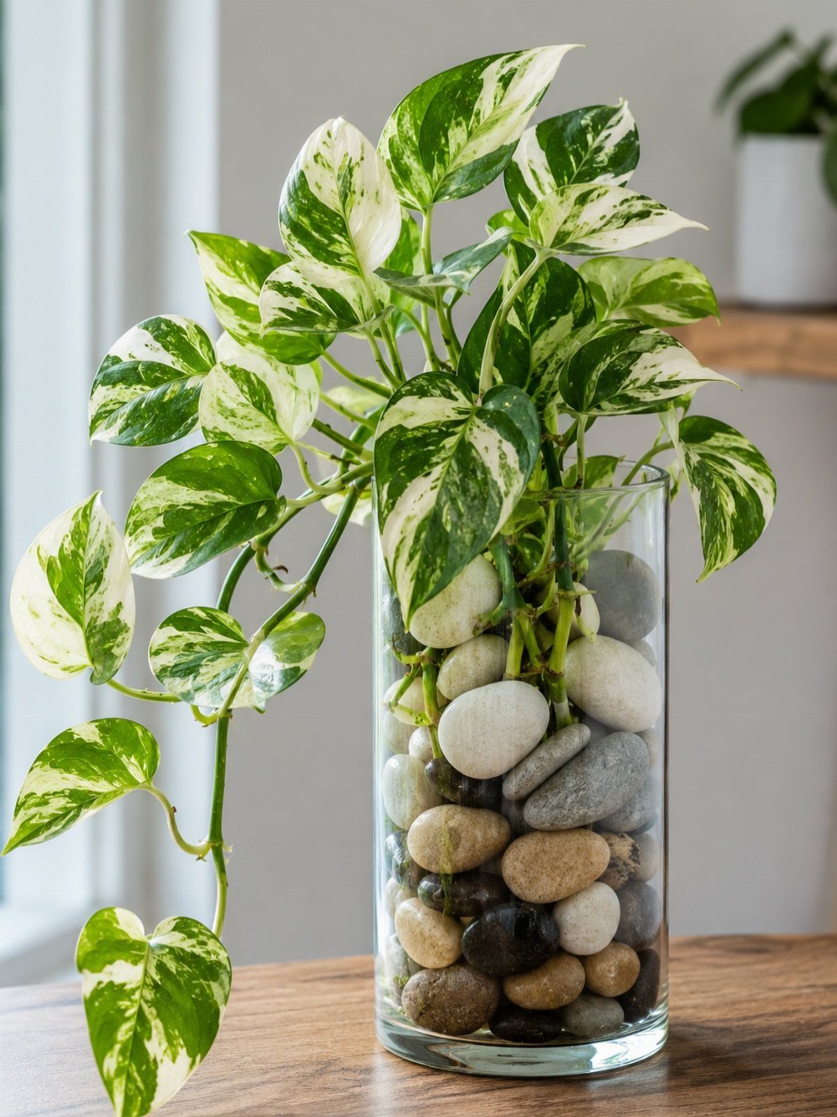 Plants That Grow in Water: 13 Ideas for Your Home 1 Variegated Pothos plant growing in a glass vase filled with river stones.