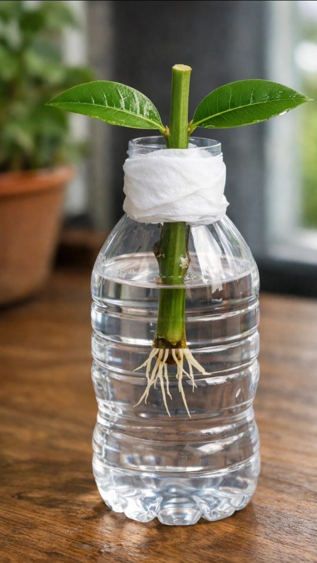Plants That Grow in Water: 13 Ideas for Your Home 11 Plant cutting with white roots growing in a clear plastic water bottle