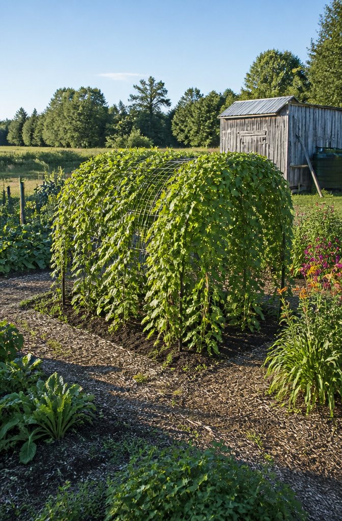 Pole Bean Support Ideas: Stakes, Frames, Panels and More 3 Cattle panel bent into an arch, supporting climbing pole beans.
