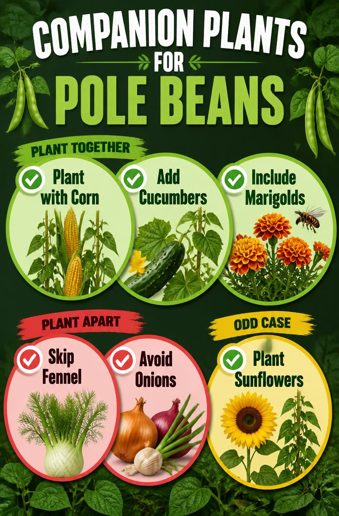 Pole Bean Support Ideas: Stakes, Frames, Panels and More 11 Companion plants including corn and marigolds alongside pole beans.