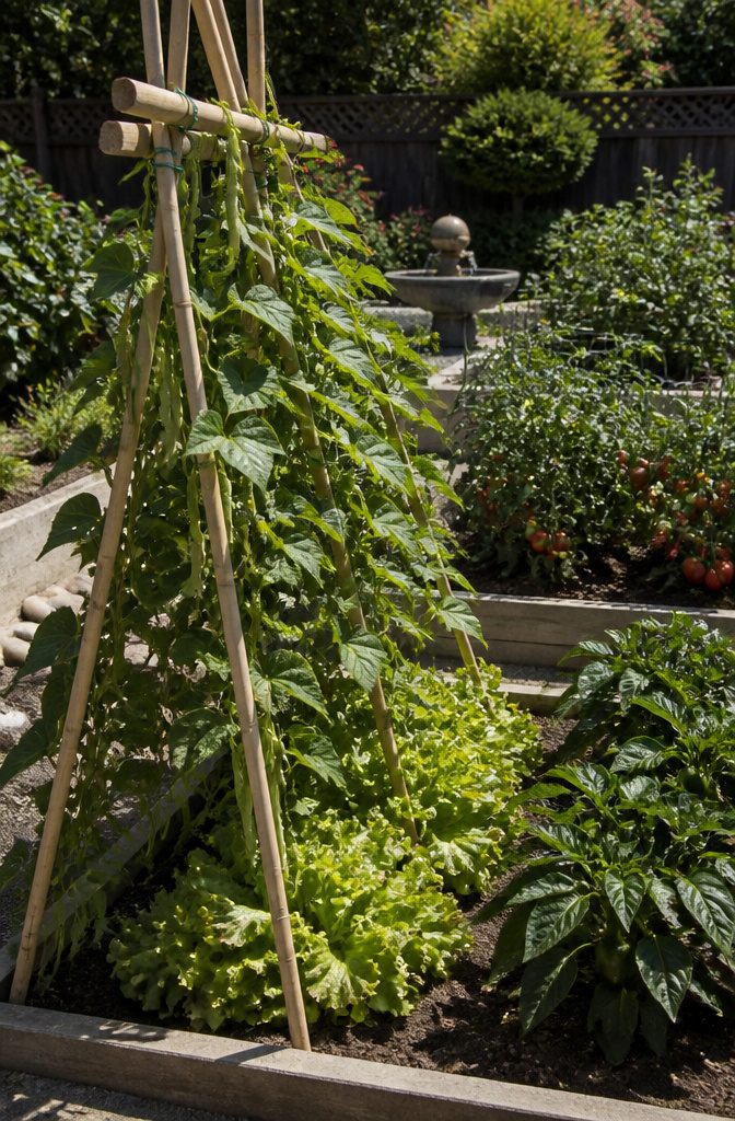 Pole Bean Support Ideas: Stakes, Frames, Panels and More 2 A-frame trellis made of bamboo canes with climbing pole beans.