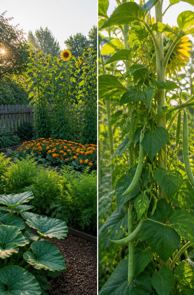Pole Bean Support Ideas: Stakes, Frames, Panels and More 5 Corn plants providing support for climbing pole beans in a garden.