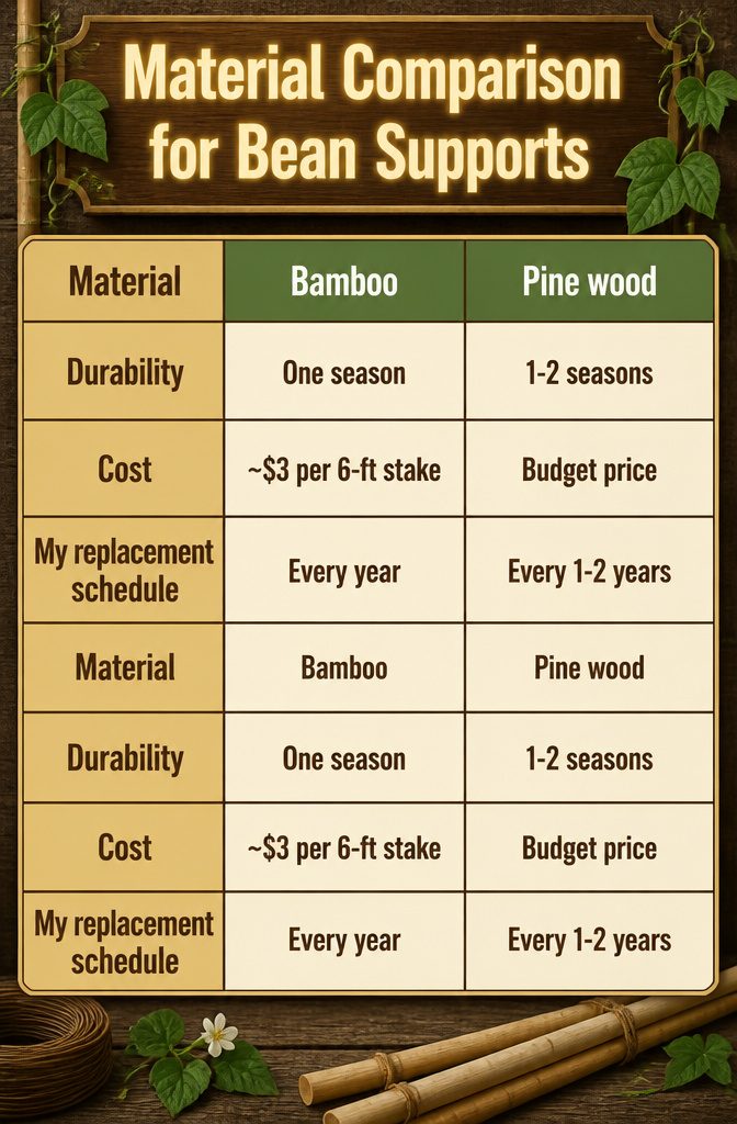 Pole Bean Support Ideas: Stakes, Frames, Panels and More 9 Chart comparing various materials used for supporting pole beans.