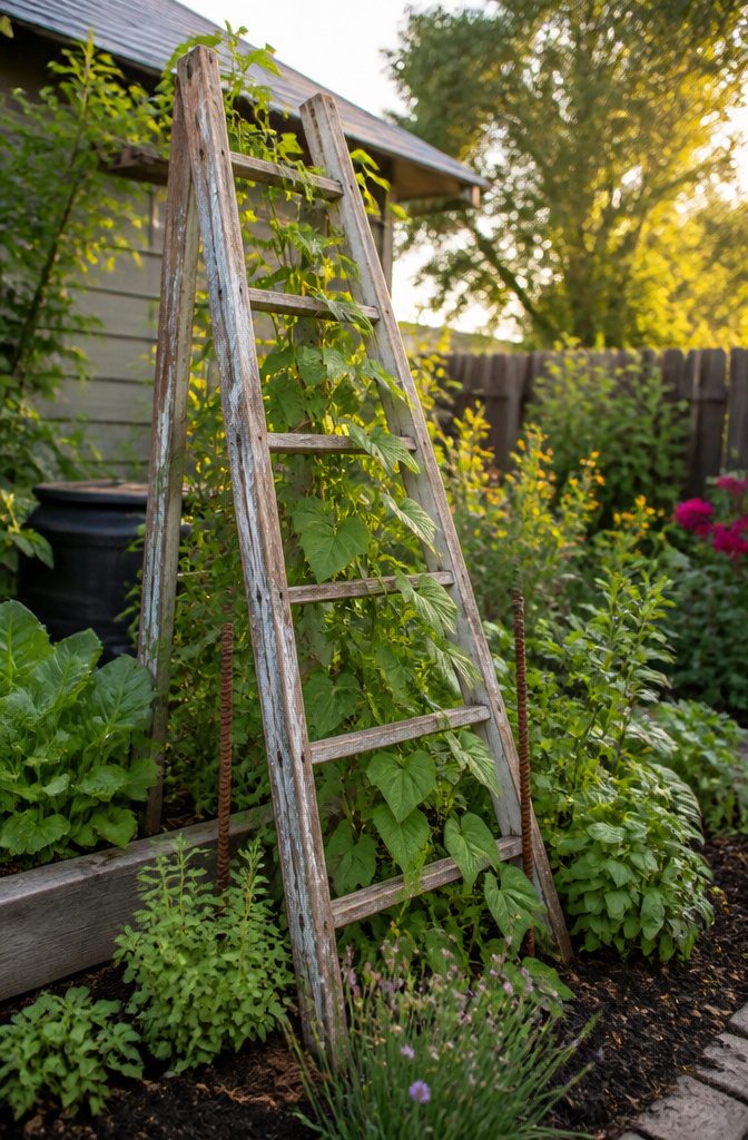 Pole Bean Support Ideas: Stakes, Frames, Panels and More 6 Old wooden ladder used as a trellis for pole beans in a garden.